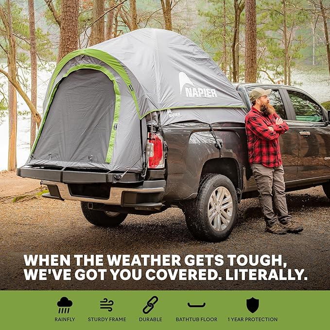 Napier Backroadz Truck Tent with Full Size Sportz Air Mattress & Strap Protectors fits Full Size Long Truck Beds | Waterproof 2-Person Tent (Full Size Retular Bed (6.4'-6.7')), Grey/Green