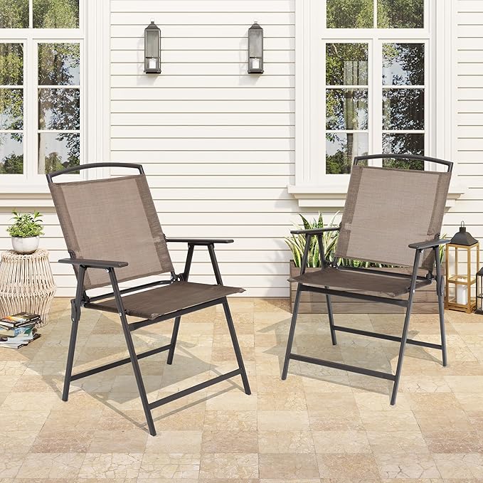 Crestlive Products Set of 2 Patio Dining Chairs, Outdoor Folding Chairs Portable Sling Recliner with Armrest for Camping, Garden, Backyard, Deck Brown