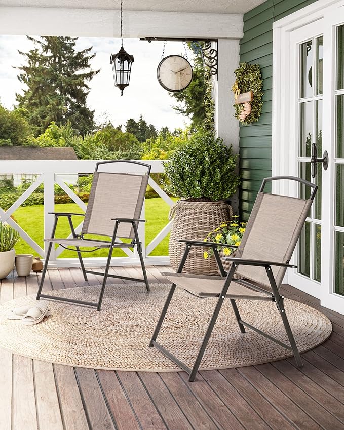 Crestlive Products Patio Folding Chairs Set of 2, Outdoor Folding Chairs with Durable Rust-Resistant Frame and Breathable Textilene Material for Outside, Beige