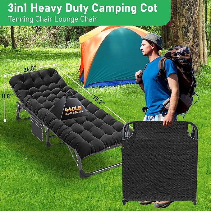 ABORON 3-in-1 Folding Patio Lounge Chair, 440LB Heavy-Duty Tri-Fold Guest Bed with Plush Cotton Cushion, No Assembly Adjustable Recliner for Office Nap, Patio Sunbathing, Poolside & Camping