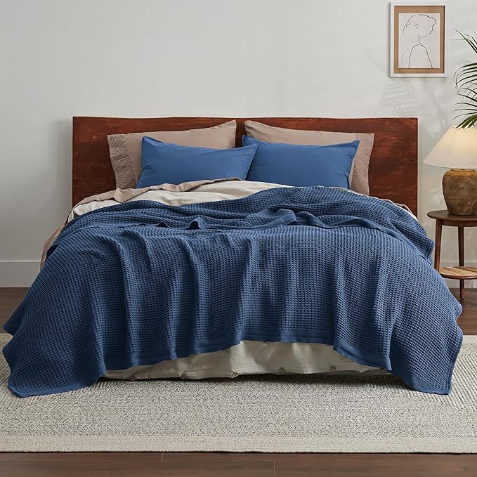 Bedsure Gentlesoft 100% Cotton Blanket King Size for Bed - Breathable and Soft, Waffle Weave Blanket for Summer, Thick Cozy Fall Blankets for Women Gift, Navy, 104x90 inches