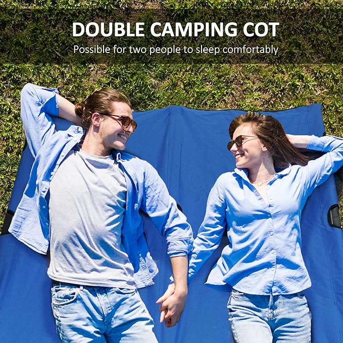 Outsunny 2 Person Folding Camping Cot for Adults, 50" Extra Wide Outdoor Portable Sleeping Cot with Carry Bag, Elevated Camping Bed, Beach Hiking, Blue
