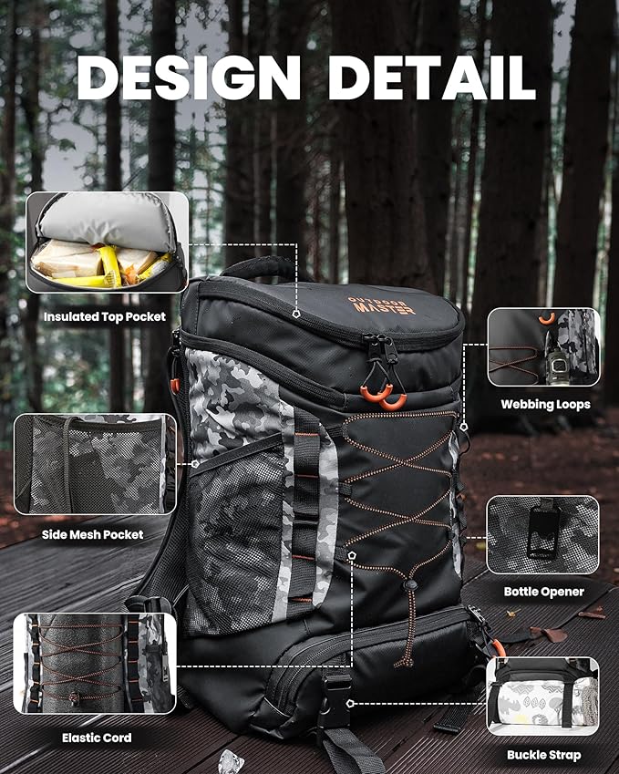 OutdoorMaster Cooler Backpack with Leak-Proof Design, 2 Insulated Compartments Portable Thermal Bag for Camping, Beach, Travel, Lunch, Drink, Ice