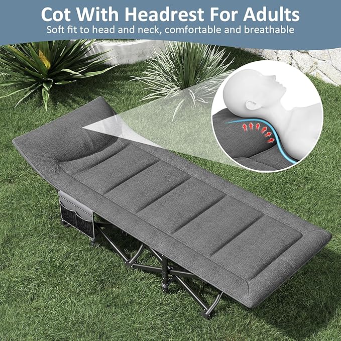 Mopaicot Camping Cot, Folding Cot Bed for Adults with Built-in Mattress and Pillow, Portable Outdoor Sleeping Cot for Camping and Travel, with Carry Bag, Grey, Max Load 450 LBS