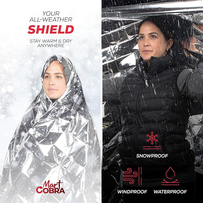 Mart Cobra Emergency Blanket 25-Pack Space Mylar Blankets Survival Gear and Supplies Reusable Thermal Camping Essentials Hiking First Aid Car Emergency Kit Prepper Foil Bug Out Bag Warm Cat Cold Snow