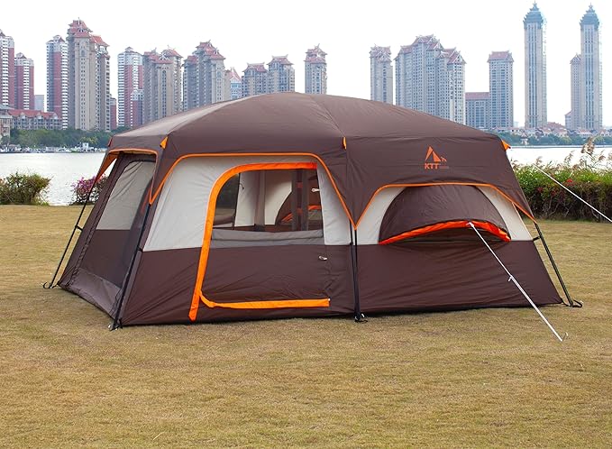 KTT Extra Large Tent 6-10-12-14 Person(Style-B),Family Cabin Tents,2 Rooms,3 Doors and 3 Windows with Mesh,Straight Wall,Waterproof,Double Layer,Big Tent for Outdoor,Picnic,Camping,Family Gathering