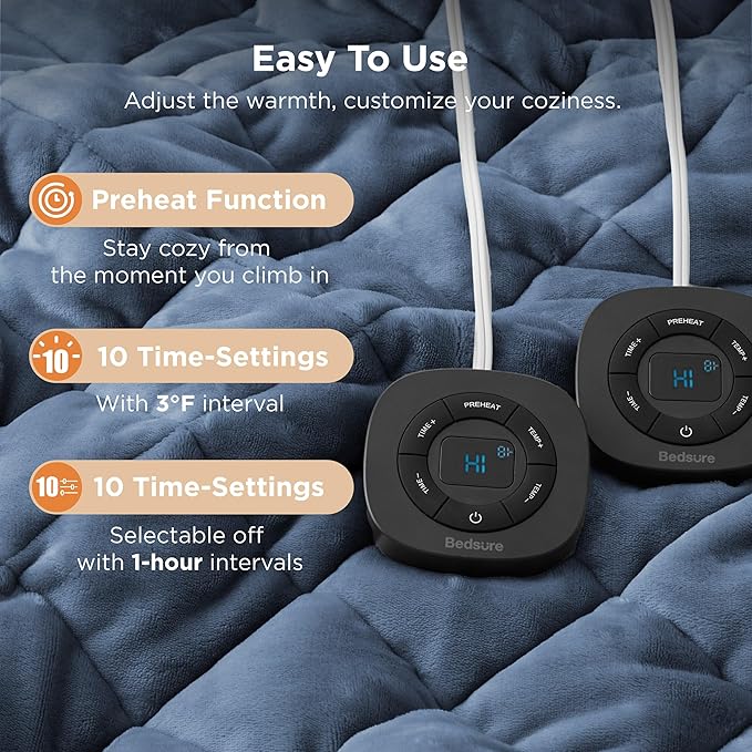 Bedsure Electric Blanket Queen Size - Dual Control Heated Blanket Queen with 10 Heat Settings, Thick Heating Blanket with 10 Time Settings, Fast Heating Quilted Blanket (84x90 inches, Bering Sea)