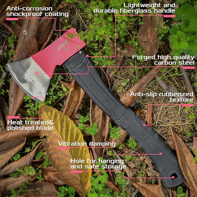 KSEIBI Hatchet with Sheath, Camping Axe for Splitting and Kindling Wood, Forged Steel Blade with Anti-Slip and Shock Reduction Handle Great Throwing Hatchets Pink