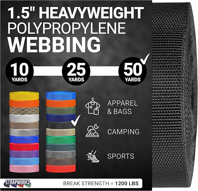 Strapworks Heavyweight Polypropylene Webbing - Heavy Duty Poly Strapping for Outdoor DIY Gear Repair, 1.5 Inches