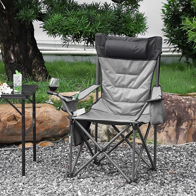Oversized Padded Camping Chairs, Hevy Duty Folding Camp Chair - 500Lbs Support for Adults - Comfortable Camping Chair with High Back & Pillow, 1 Pack