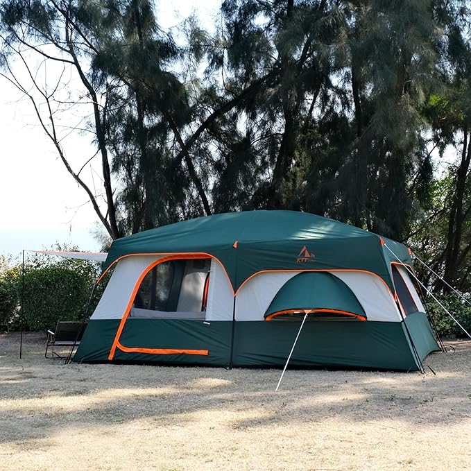 KTT Extra Large Tent 12 Person,Family Cabin Tents,Full Rainfly,2 Bay-Windows,2 Rooms and 3 Doors 3 Windows with Mesh,Waterproof,Straight Wall,Double Layer,Big Tent for Outdoor,Picnic,Camping