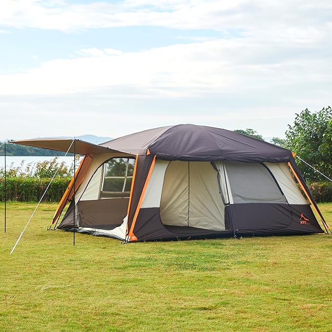 KTT Extra Large Tent 12 Person(A),Awning Family Cabin Tents,2 Rooms,4 Doors and 4 Windows with Mesh,Straight Wall,Waterproof,Double Layer,Big Tent for Outdoor,Picnic,Camping,Family Gathering。