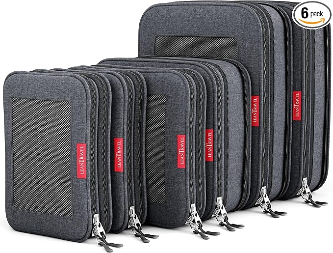 LeanTravel Compression Packing Cubes for Travel Organizers with Double Zipper (6-Pack (2L+2M+2S), Black)