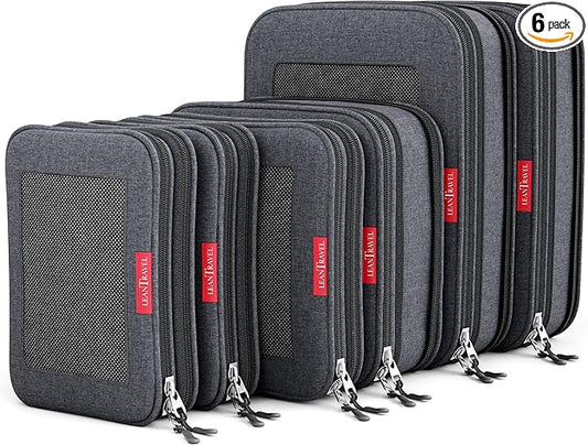 LeanTravel Compression Packing Cubes for Travel Organizers with Double Zipper (6-Pack (2L+2M+2S), Black)