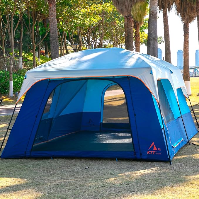 KTT Extra Large Tent 6-10-12-14 Person(B),Family Cabin Tents,2 Rooms,3 Doors and 3 Windows with Mesh,Straight Wall,Waterproof,Double Layer,Big Tent for Outdoor,Picnic,Camping,Family Gathering