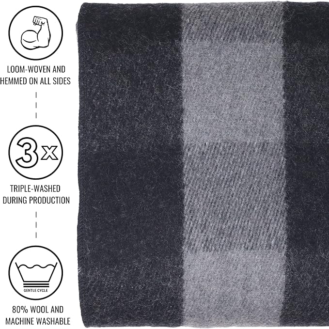 Arcturus Plaid Wool Blankets - 4.5lbs Warm, Heavy, Washable, Large | Great for Camping, Outdoors, Sporting Events, or Home