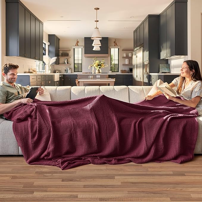 Bedsure Gentlesoft 100% Cotton Blanket Queen Size for Bed - Breathable and Soft, Waffle Weave Blanket for Summer, Thick Cozy Fall Blankets for Women Gift, Red, 90x90 Inches