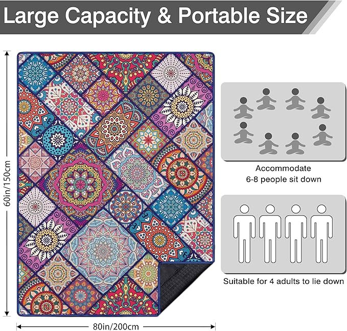 Waterproof Picnic Blankets Foldable & Portable 60''x80'' Boho Picnic Mat for Outdoors, Large Washable Picnic Blanket for Travel Camping Beach, Park Grass Picnic Blanket Accessories for Adults