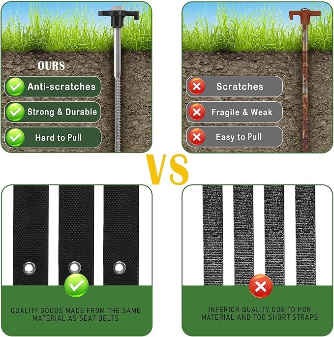 Trampoline Stakes Heavy Duty, 10 Inch 8 Pack Ground Anchor Screw in, Trampoline Earth Anchor Kit with Straps Tent Stakes High Wind Swing Set Accessories for Camping, Securing Animals, Canopy, Sheds