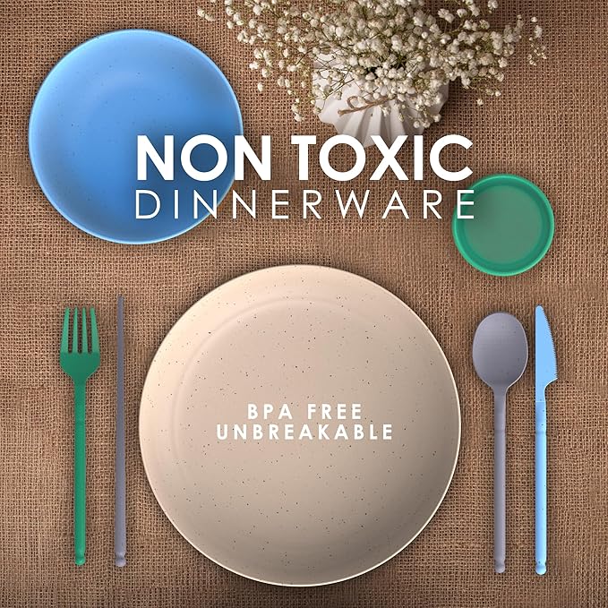 Wheatstraw Dinnerware Set for 4 - Camping Dishes & Utensils - Microwavable Plates - Alternate To Plastic Plates And Bowls - Camping Kitchen Set - Rv Dinnerware - Wheat Straw Dorm Dishes