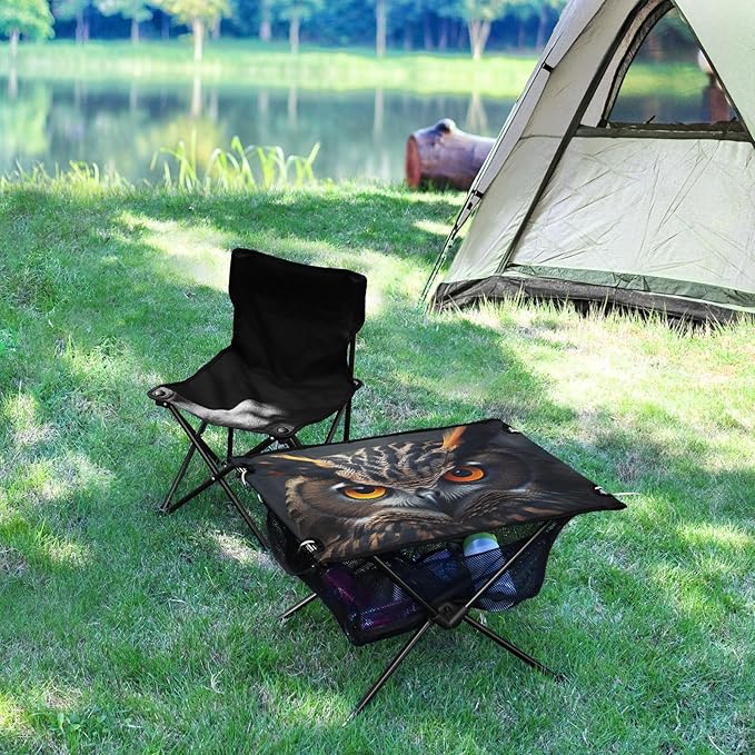 Owl with Orange Eyes Portable Folding Camping Table, Compact Lightweight Beach Table with Carrying Bag for Outdoor Picnics, BBQs, Camp