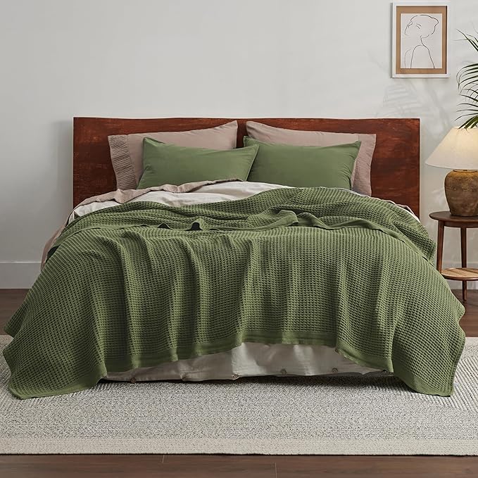 Bedsure Gentlesoft 100% Cotton Blanket Queen Size for Bed - Breathable and Soft, Waffle Weave Blanket for Summer, Thick Cozy Fall Blankets for Women Gift, Olive Green, 90x90 Inches