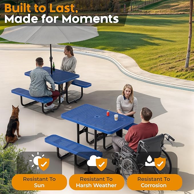Metal Picnic Furniture for Outdoors with Umbrella Hole - Coated Steel Heavy Duty Commercial Grade Table with Adjustable Seats, Patio Set for a Lifetime (Blue, 4' Rectangular)