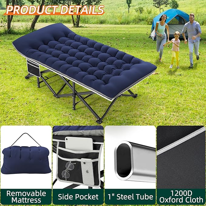Portable Camping Cot, 32" Extra Wide Camping Cots for Everyone with Thick Cushion, Heavy Duty Sleeping Cot Holds Up to 600LBS, Cots for Sleeping, Rv, Beach, Patio, Office Naps(Blue)