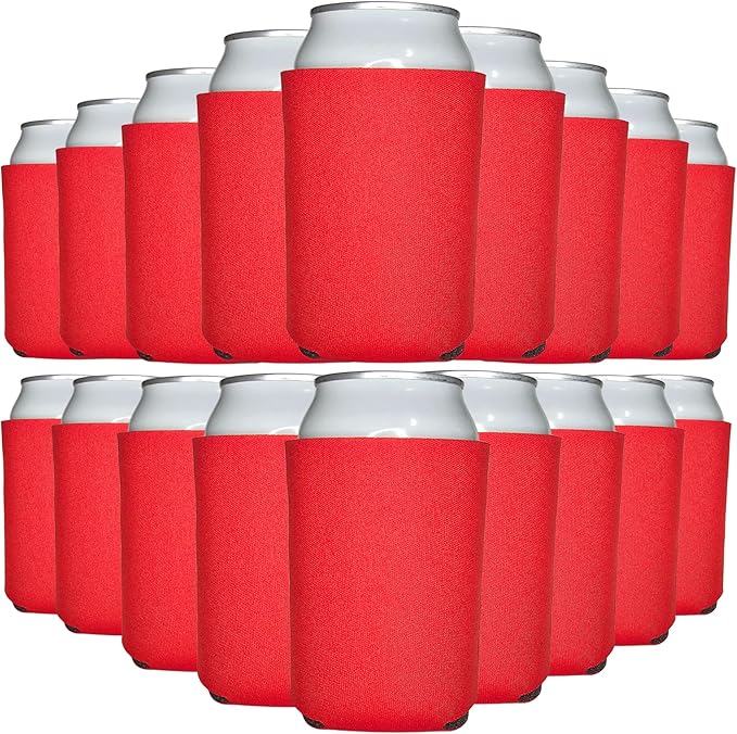TahoeBay Blank Beer Can Cooler Sleeves (25-Pack) Bulk Sublimation Blanks for Vinyl Plain Soft Foam Can Sleeves Coolers for Soda Cans & Bottles Black, White, Assorted Solid Color (Red)