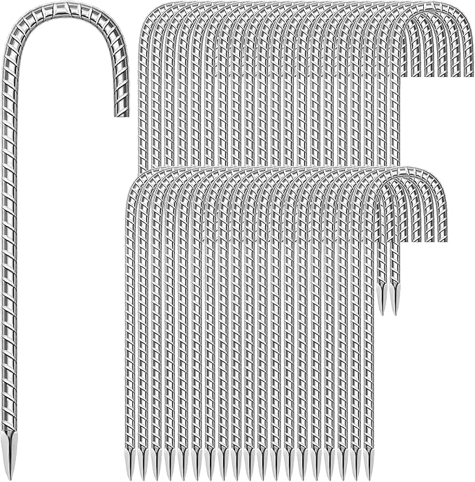 40 Pack Ground Garden Rebar Stakes Rebar 12 Inch Anti-Rust Galvanized Steel J Shape Hook Heavy Duty Ground Anchors for Tents, Position Kits,Fences, and Trampolines Landscape Fabric