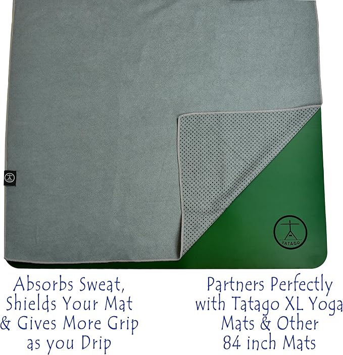 Tatago Hot Yoga Mat Towel Non Slip for Hot Yoga (72-84 inch Mats) Our Hot Yoga Towel Non Slip Silicone Dabs & Absorbent Microfiber Blend Gives You More Grip As You Drip! (Nube Gris, XL - 84")