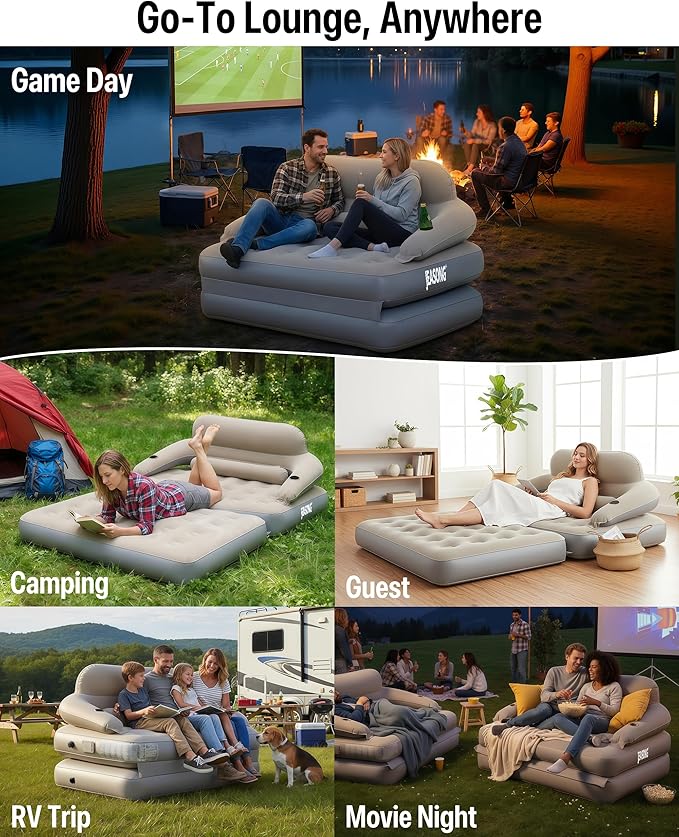 JEASONG Blow Up Couch Air Mattress Queen with Built in Pump, 2-in-1 Air Sofa & Inflatable Mattress, AirBed Blow Up Mattress with Headboard & Cupholder, Inflatable Couch for Camping, Movie Night, Guest