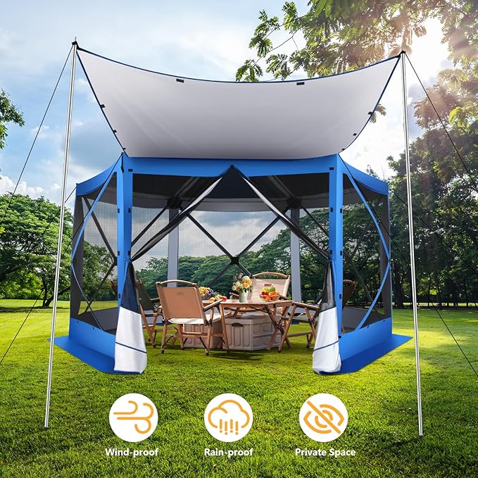 COBIZI 12x12FT Pop Up Gazebo Screen Tent Screen House for Camping, Screen Room with Mosquito Netting, Hub Tent Instant Screened Canopy with Carrying Bag and Ground Stakes, Blue