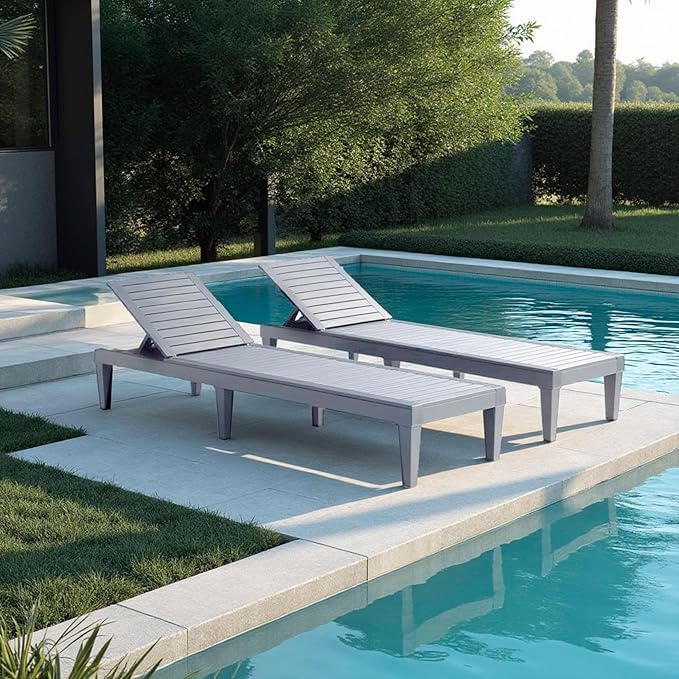 Nestl Patio Chairs - Grey Chaise Lounge Chair Outdoor, 5-Position Adjustable Sun Tanning Chair, Waterproof Pool Lounge Chairs Set of 2, Reclining Lawn Chair, Lightweight Outdoor Lounge Chairs