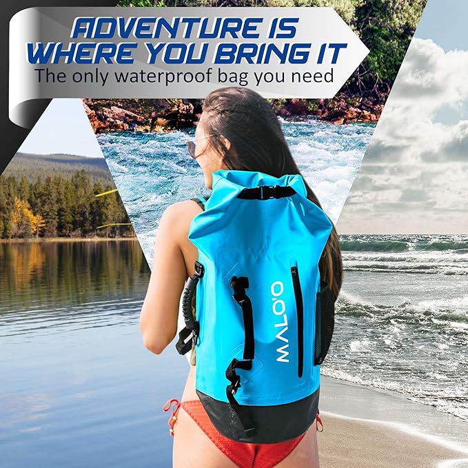 Malo'o 45L Waterproof Heavy Duty Backpack Dry Bags for Kayaking, Camping, Fishing, Hiking Daypack - Beach Accessories, Boat accessories, and Travel Gear - Fishing Rod Case Straps (Blue)