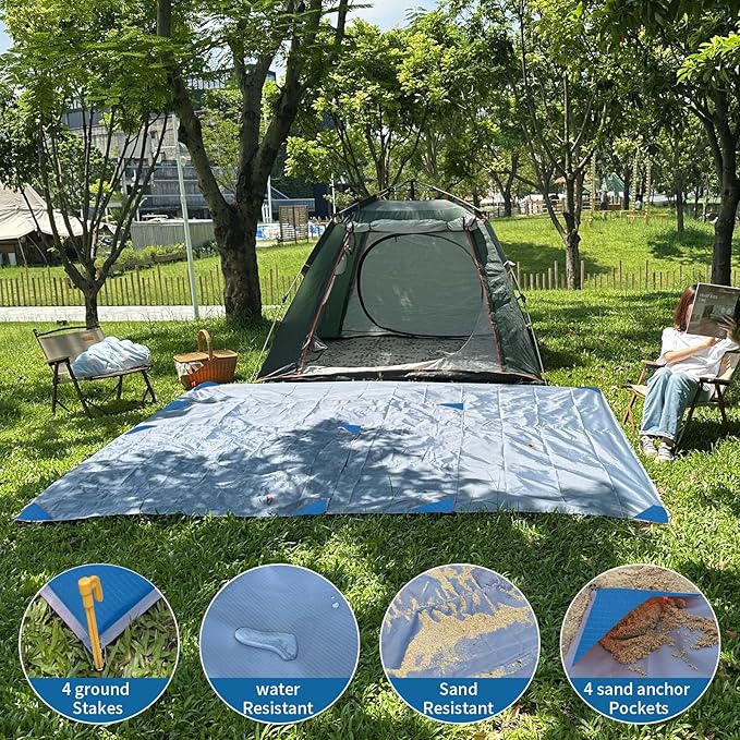 Family Beach Blanket Large Foldable Picnic Mat Portable Lightweight Camping Tarp Tent Blankets Washable Rug Quick Dry Compact Beach Mats Hiking Outdoor Essentials (Gray/Blue118*110" / 9.19ft×9.84ft)
