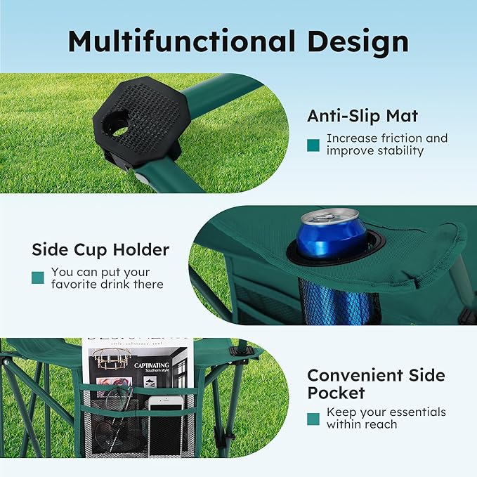 ALPHA CAMP Camping Chair 2 Pack Portable Chair with 3-Can Cooler Folding Chair with Side Pocket and Cup Holder, Collapsible for Camping, Tailgates, Beach, Fishing and Sports,2PC