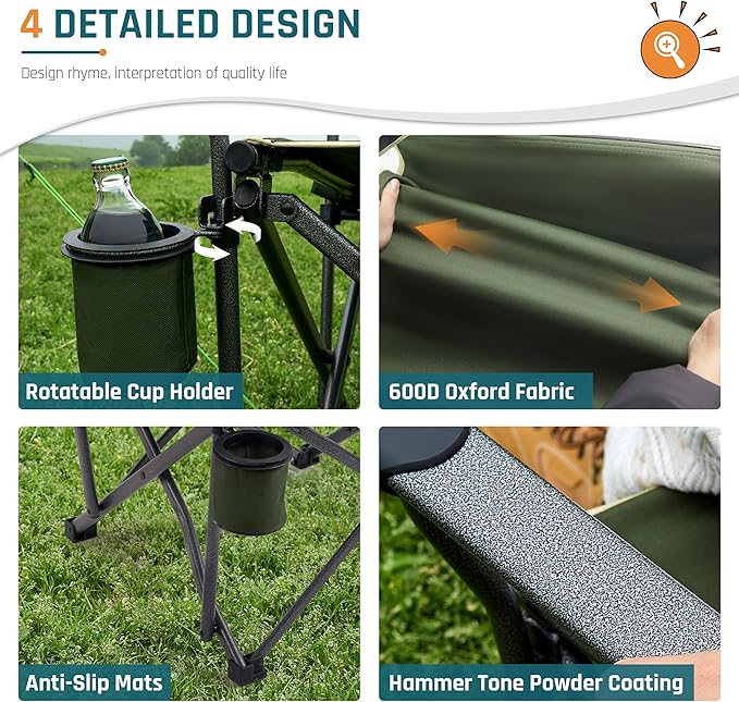 Folding Camping Chairs for Adults Heavy Duty Plus Size Camping Chairs 400 lb Steel Frame Metal Arm Lawn Chairs with Swivel Cup Holder, Extra Large Camp Chair for Outdoor Sports, Green (2 Pack)