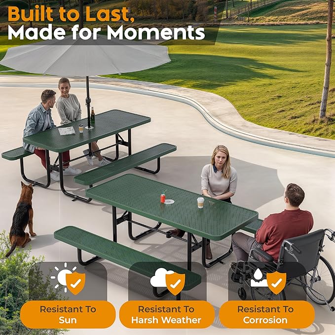 Metal Picnic Furniture for Outdoors with Umbrella Hole - Coated Steel Heavy Duty Commercial Grade Table with Adjustable Seats, Patio Set for a Lifetime (Green, 6' Rectangular, Punched Steel)