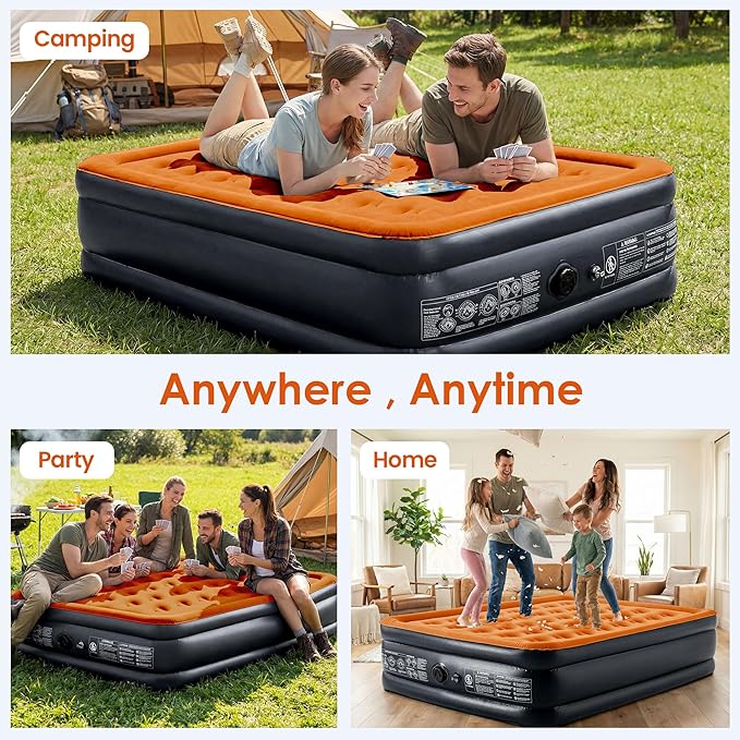 Camping Air Mattress Queen with Built in Pump 18" Thickness 660lbs Heavy Duty Comfortable Blow up Air Mattress with Carry Bag Inflatable Foldable Flocked Top Air Bed for Travel, Home (Black & Orange)