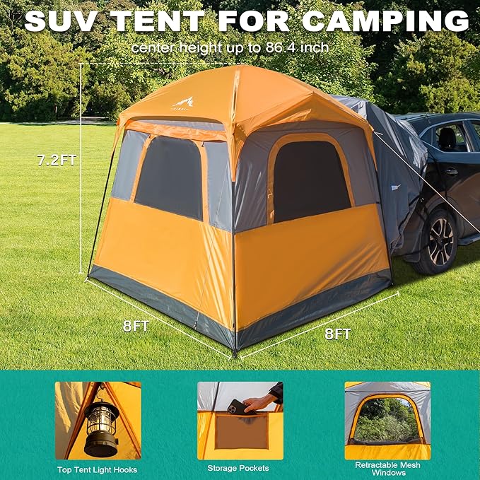 SUV Tent for Camping,Waterproof PU2000mm, Fits 5-8 People,Spacious Double Layer Design, Includes Rainfly & Storage Bag, 8FT L x 8FT W x 7.2FT H | for Camping, Waterproof PU2000mm, Spacious Double Layer Design, Includes Rainfly, Storage Bag