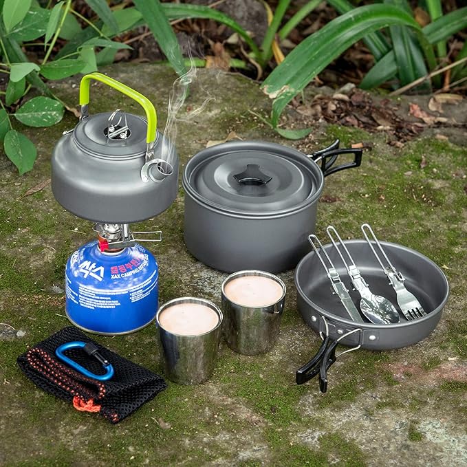 Odoland Camping Cookware Mess Kit, Lightweight Pot Pan Kettle with 2 Cups, Fork Spoon Kit Stainless Steel, gray for Backpacking, Outdoor Camping Hiking and Picnic