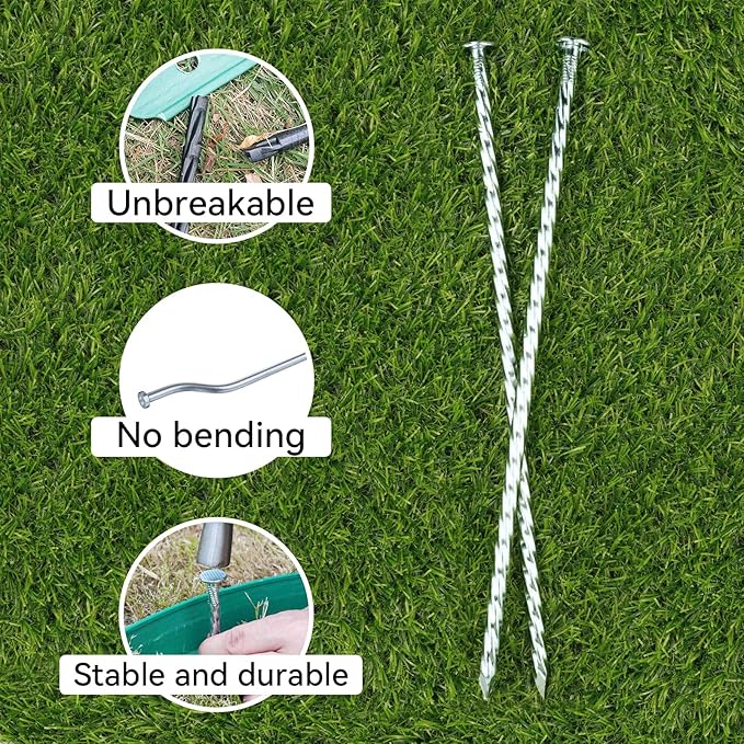 12 Inch Galvanized Landscape Stakes - 50pcs Spiral Metal Round Anchoring Spikes, 0.7 Inch Extra Large Top, for Securing Paver Edging, Weed Barrier, Camping Tent