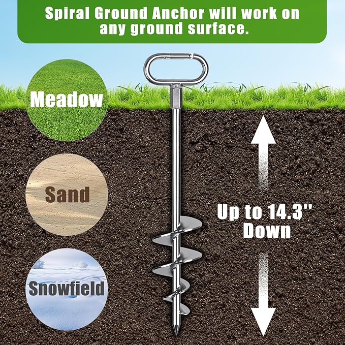 SELEWARE 17" Ground Anchors Screw in, 4 Pack Swing Set Ground Anchor Kit, High Wind Trampoline Stakes, Heavy Duty Wider Spiral Earth Anchor for Mobile Home, Tree, Tent, Shed, Carport, Securing Animals