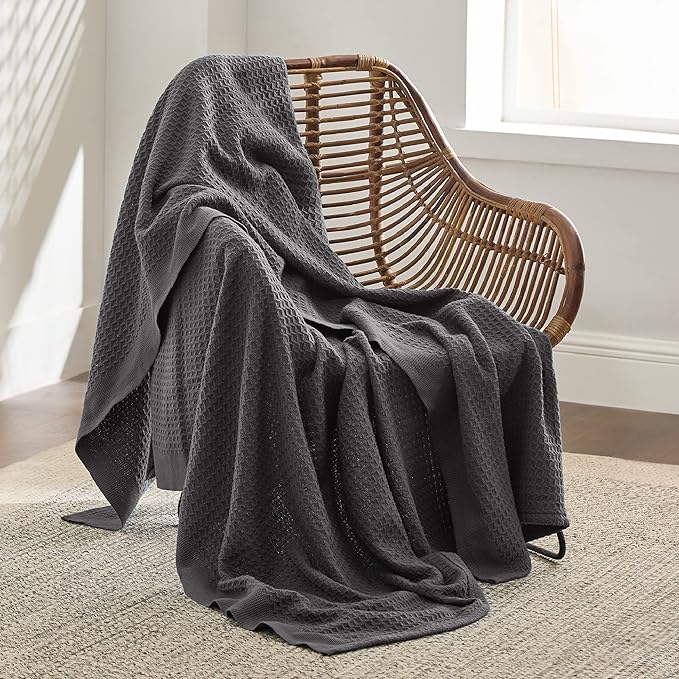 Bedsure Gentlesoft 100% Cotton Large Throw Blanket for Couch 50x70 inches - Breathable and Soft, Waffle Weave Throw Blanket for Office, Dark Grey