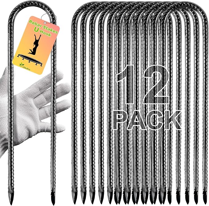 Rebar Stakes, 12 Inch 12 Pack Ground Stakes U Hook Heavy Duty Metal Steel Trampoline Anchors with Chisel Point for Trampoline High Wind Chicken Coop Accessories Fence Gardening Tent Dog
