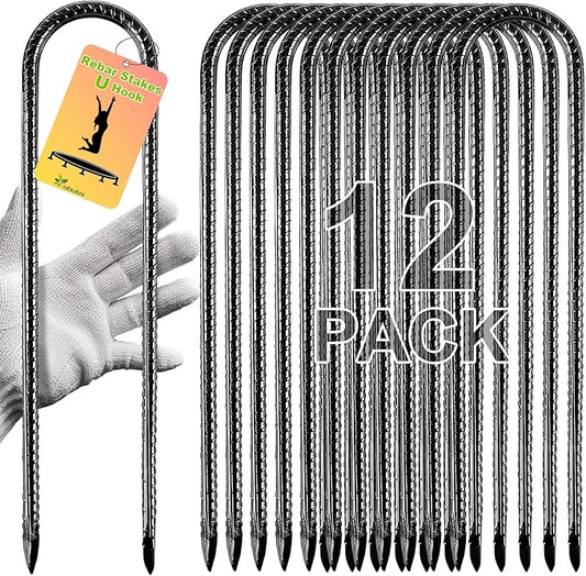 Rebar Stakes, 12 Inch 12 Pack Ground Stakes U Hook Heavy Duty Metal Steel Trampoline Anchors with Chisel Point for Trampoline High Wind Chicken Coop Accessories Fence Gardening Tent Dog