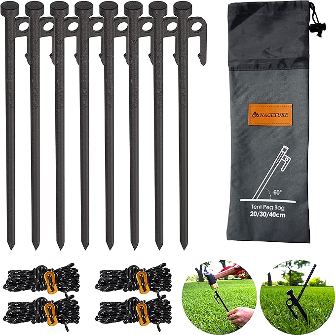 Metal Tent Stakes Heavy Duty 12 Inch 8 Pack with Camp Rope Guy Lines, Metal Stake for Ground, Canopy, Tarps, Sand Anchors for Camping, Picnics, or Yards, Reinforced Nail Heads Camping Accessories and