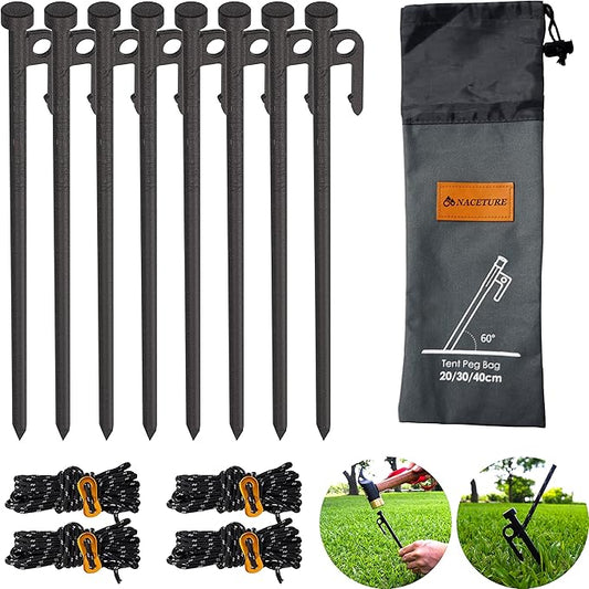 Metal Tent Stakes Heavy Duty 12 Inch 8 Pack with Camp Rope Guy Lines, Metal Stake for Ground, Canopy, Tarps, Sand Anchors for Camping, Picnics, or Yards, Reinforced Nail Heads Camping Accessories and