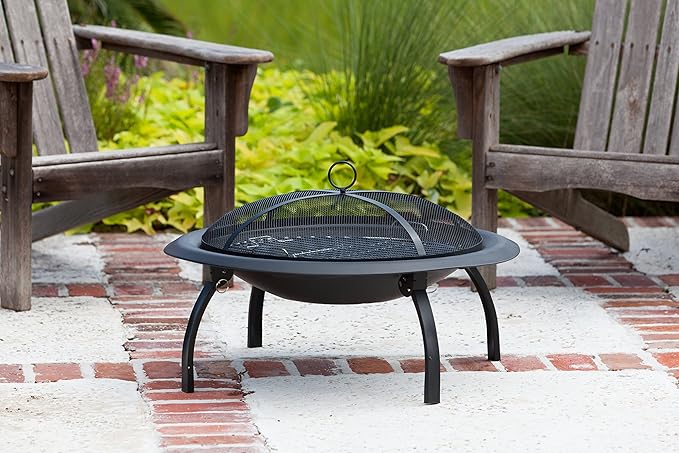 Fire Sense 60873 Fire Pit Portable Folding Round Steel with Folding Legs Wood Burning Lightweight Included Carrying Bag & Screen Lift Tool - Black - 22"